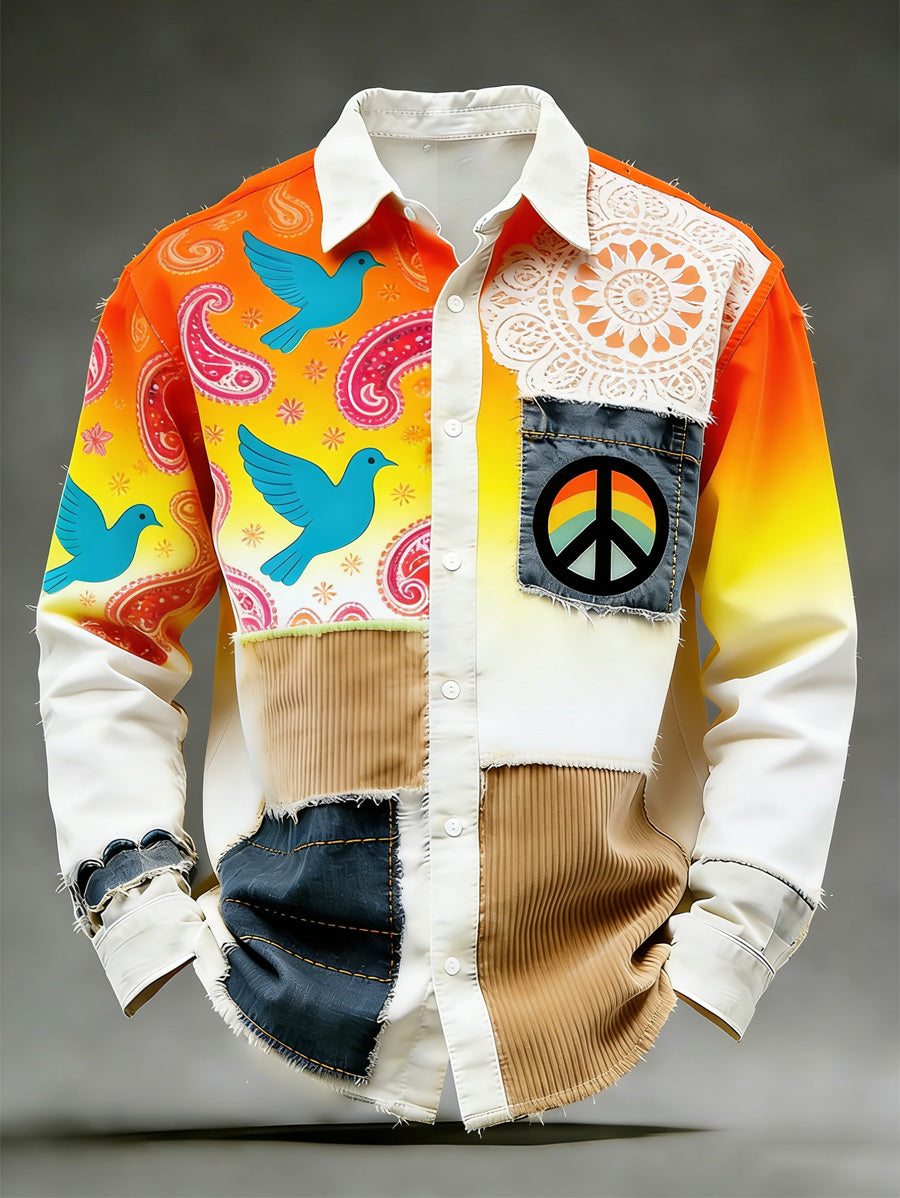 Men's Hippie Art Print Cotton Vintage Casual Cotton Long Sleeve Shirt